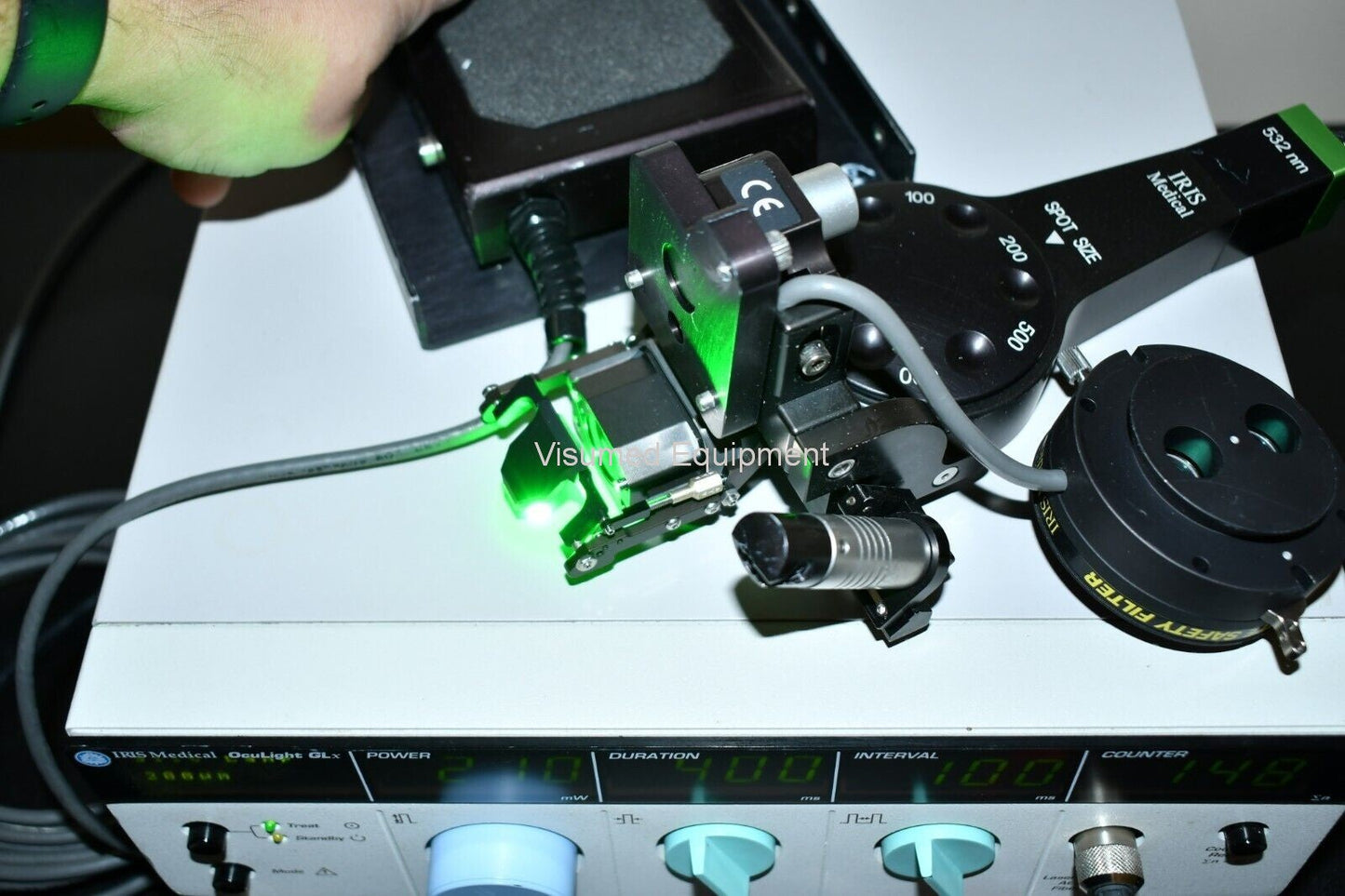 Refurbished Iridex GL green laser with Zeiss slitlamp adapter offered by Visumed Equipment