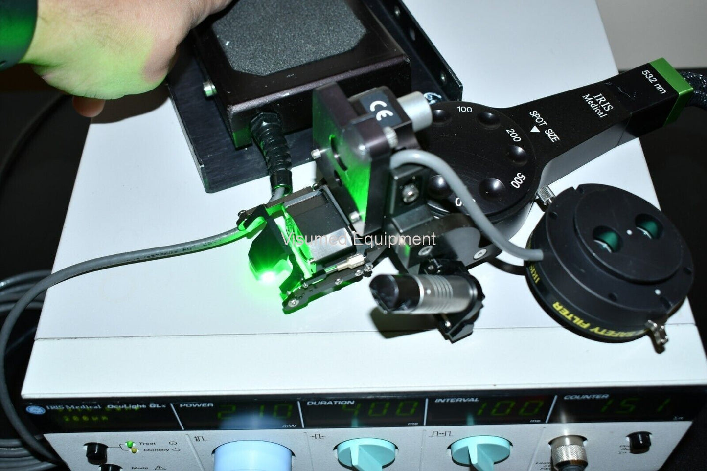 Refurbished Iridex GL green laser with Zeiss slitlamp adapter offered by Visumed Equipment