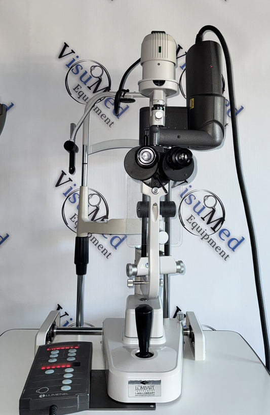 Lumenis Selecta II SLT laser head mounted on Lombart slit lamp with keypad