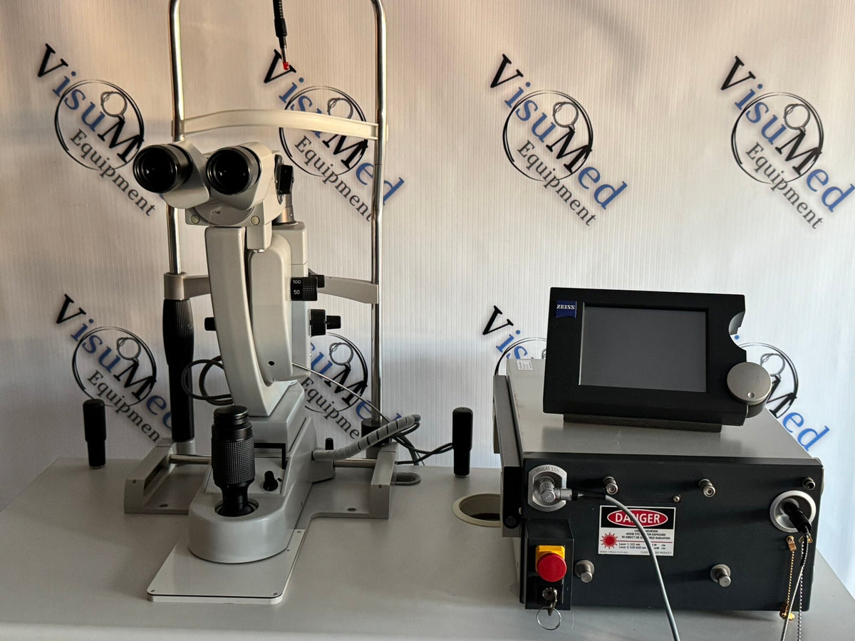 VISULAS 532s console showing Zeiss touchscreen, key switch and laser warning label