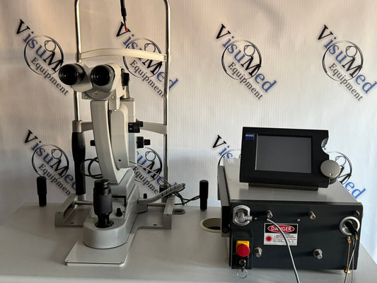 VISULAS 532s console showing Zeiss touchscreen, key switch and laser warning label